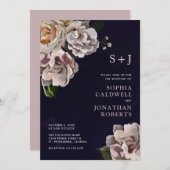 Tout en un Moody Floral Navy Faire-part de mariage (Devant / Derrière)
