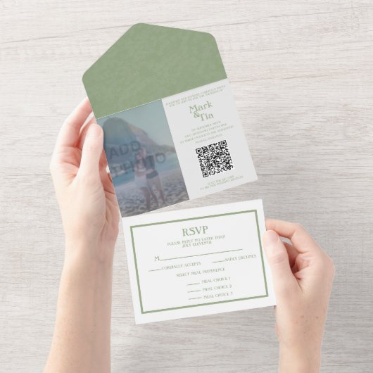 Tout en un Photo Mariage Sage Invitation QR Code (Déchirure)