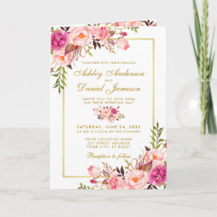 Tout en un rose Floral Mariage Gold Invitation