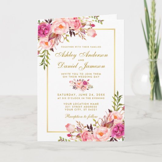 Tout en un rose Floral Mariage Invitation photo (Devant)