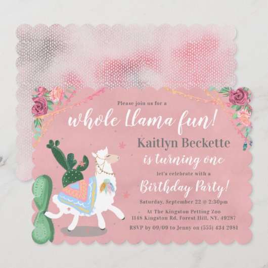 Tout Le Plaisir Llama ! Invitation de fête d'anniv (Devant / Derrière)