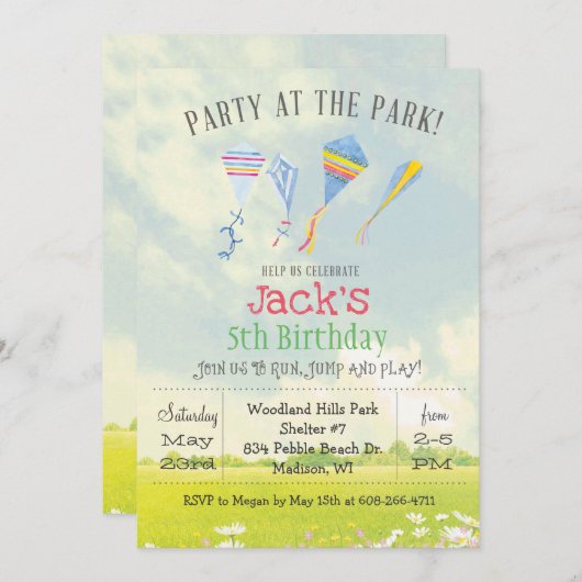 TOUTE Fête AGE au parc Kite Birthday Invitation (Devant / Derrière)