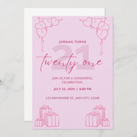 Toute Invitation d'anniversaire rose (Devant / Derrière)