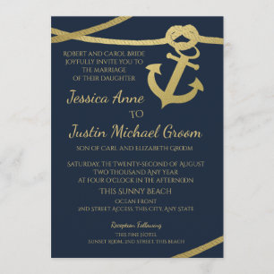 Touw Anker Goud en Navy Blue Wedding Kaart