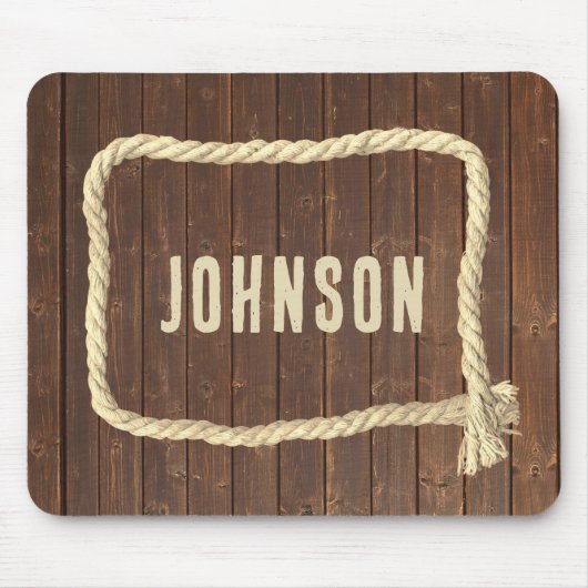 Touw Lijst op teakhout met achternaam Muismat (Voorkant)