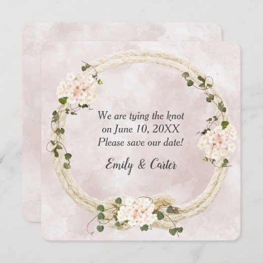 Touw met hydrangea boeketten save the date (Voorkant / Achterkant)