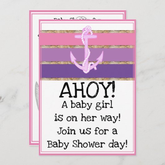 Touwen Anker en Touw Meisje Baby Shower (roze) Kaart (Voorkant / Achterkant)