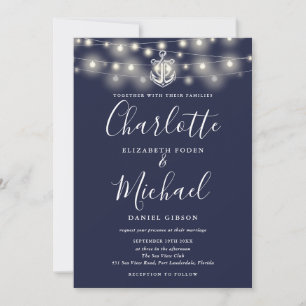 Touwen Lichtsnoeren Monogram Navyblauw Bruiloft Kaart