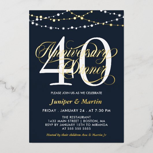 Touwverlichting 40-jarig huwelijksjubileum diner folie uitnodiging (Voorkant)