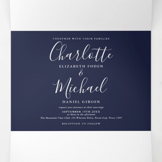 Touwverlichting met marinekleurig schriftmonogram drieluik uitnodiging (Binnenkant midden)