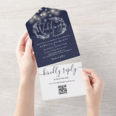 Touwverlichting QR-code Trouwfeest in marineblauw All In One Uitnodiging (Afscheurbaar)