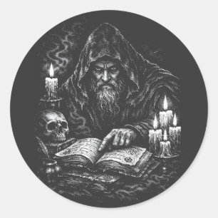 Tovenaar die het Grimoire bestudeert — door BurnsI Ronde Sticker