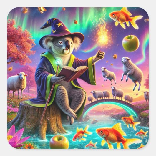 Tovenaar Koala werpt magie in betoverd bos Vierkante Sticker (Voorkant)