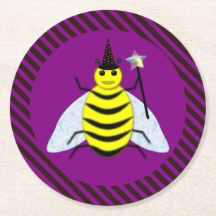 Tovenaar van de Magische Bee Halloween Paars en Bl Ronde Kartonnen Onderzetter