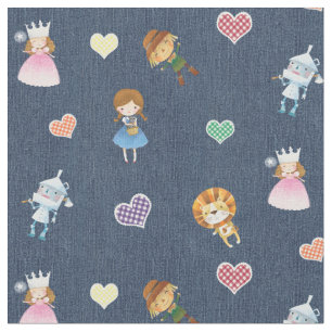 Tovenaar van Oz en Gingham Harten op Blauwe Denim Stof