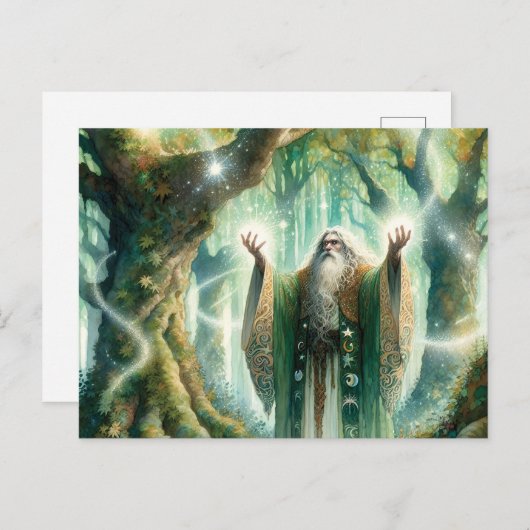 Tovenaar werpt betovering van bescherming op bos briefkaart (Voorkant / Achterkant)