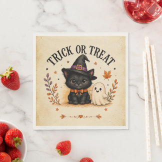 Tovenaarshepe katt & spookachtige trick-or-treat servet
