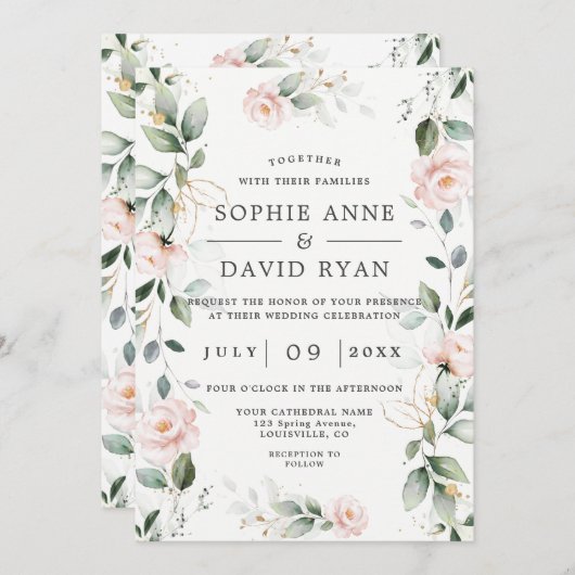 Toverende Blush Bloemen Gouden Bladeren Alles in E Kaart (Voorkant / Achterkant)