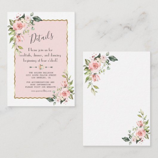 Toverfijne waterverf roze bloemen gouden bruiloft  informatiekaartje (Voorkant / Achterkant)