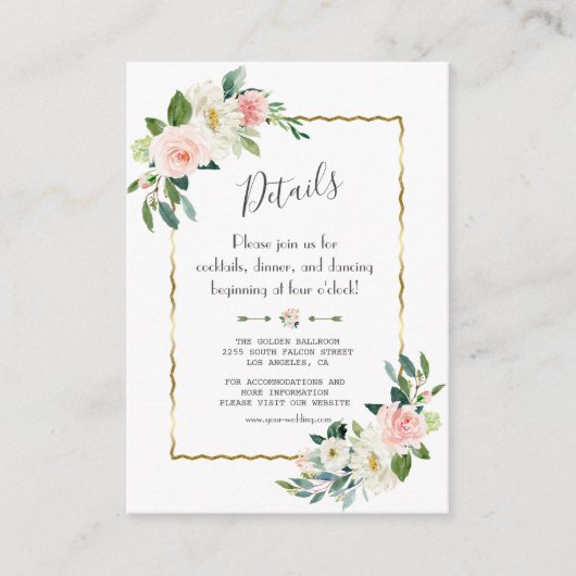 Toverfijne waterverf roze bloemen gouden trouwdeta informatiekaartje (Voorkant)