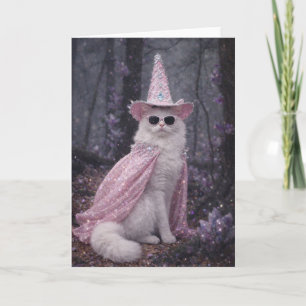 Toverheks Kat in Glitterende Roze Cape en Hoed Kaart