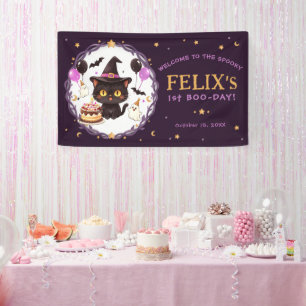 Toverige Cute Heks Zwarte Kat Tovenaar 1e Verjaard Spandoek