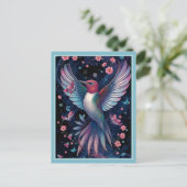 Toverkolibrie Iridiserende Vleugels Roze Bloemen Briefkaart (Staand voorkant)