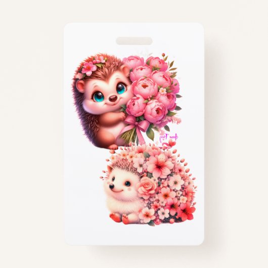 Tow cuteRomantic Floral Hedgehog Duo Illustration Badge (Voorkant)