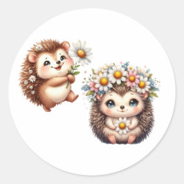  Tow cuteRomantic Floral Hedgehog Duo Illustration Ronde Sticker