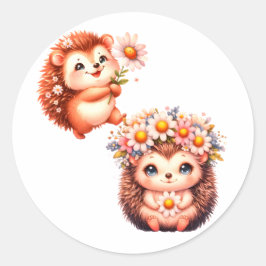  Tow cuteRomantic Floral Hedgehog Duo Illustration Ronde Sticker