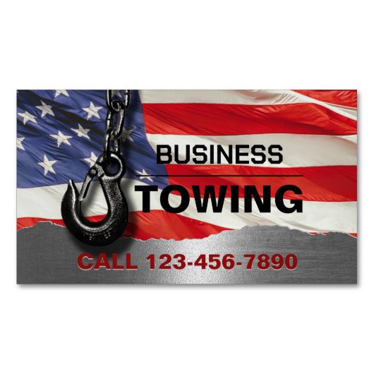 Toweslagbedrijf Patriottic Metal Tow Truck Hook Magnetisch Visitekaartje (Voorkant)