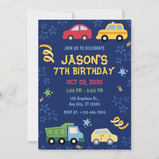 Toy Cars Blue Anniversaire Fête Invitation (Devant)