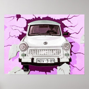 Trabant-auto en roze/Lila Berlijnse muur Poster