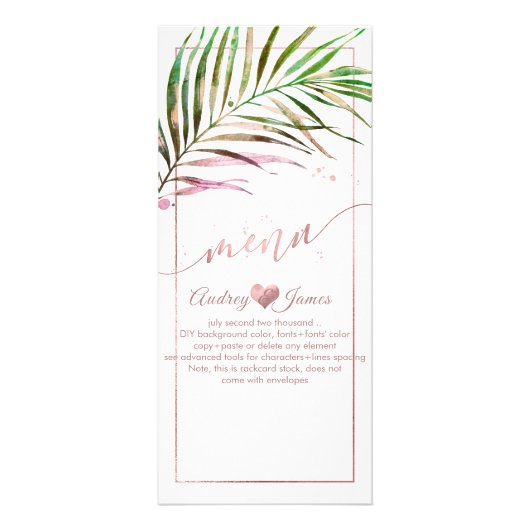 Traces Palm PixDezines | Faux Rose Gold Menu (Devant)