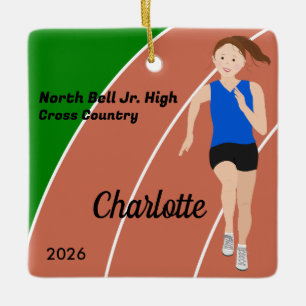 Track and Field Girl Bruin Haar Blauw Zwart Keramisch Ornament