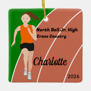 Track and Field Girl Bruin Haar in Sinaasappel Zwa Keramisch Ornament