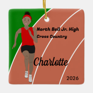 Track and Field Girl Zwart haar in het rood Keramisch Ornament