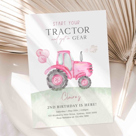 Tracteur rose et ballons Invitation de fête d'anni