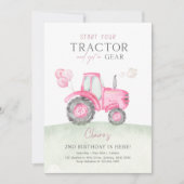 Tracteur rose et ballons Invitation de fête d'anni (Devant)
