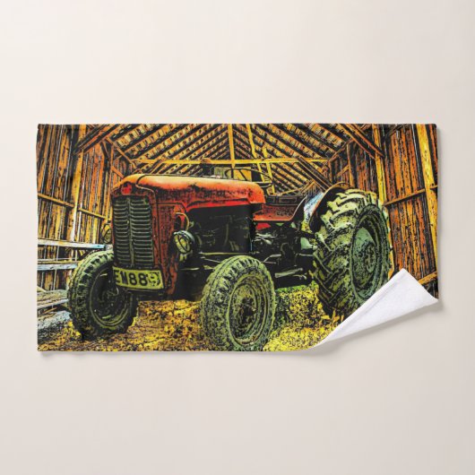 Tracteur rouge antique Grange rustique (Serviette à main)