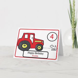 tracteur rouge & chien carte de 4e anniversaire
