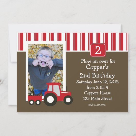 Tracteur rouge et blanc Invitation d'anniversaire (Devant)