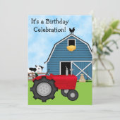 Tracteur rouge et grange bleue Invitation d'annive (Debout devant)