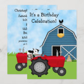 Tracteur rouge et grange bleue Invitation d'annive (Devant / Derrière)