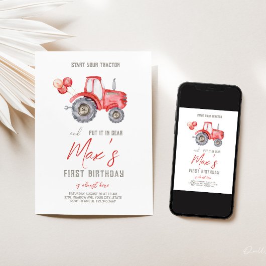 Tracteur rouge Thème Anniversaire Invitation