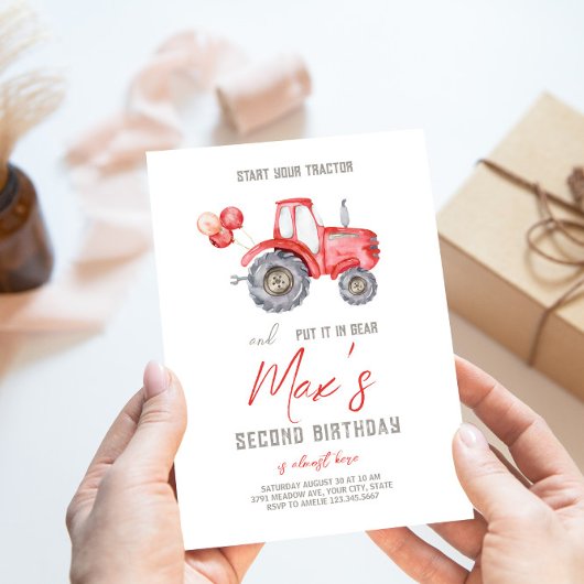 Tracteur rouge Thème Anniversaire Invitation