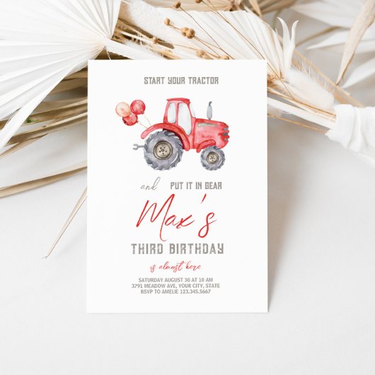 Tracteur rouge Thème Anniversaire Invitation