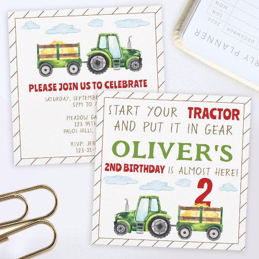 tracteur vert 1er 2ème anniversaire invitation gar