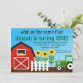 Tracteur vert et invitation rouge de fête (Debout devant)