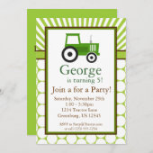 Tracteur vert - Invitation de fête d'anniversaire  (Devant / Derrière)